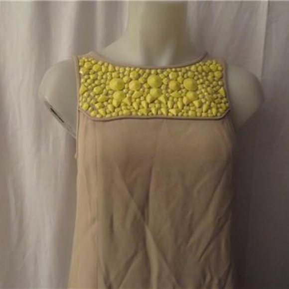 TIBI TAUPE/NEON YELLOW STONES SLEEVELESS DRESS 2 - Picture 2 of 7